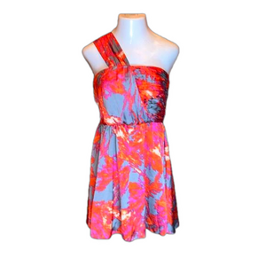 GO INTERNATIONAL Pink & Orange, Abstract Print One Shoulder Dress NWT! Size 15